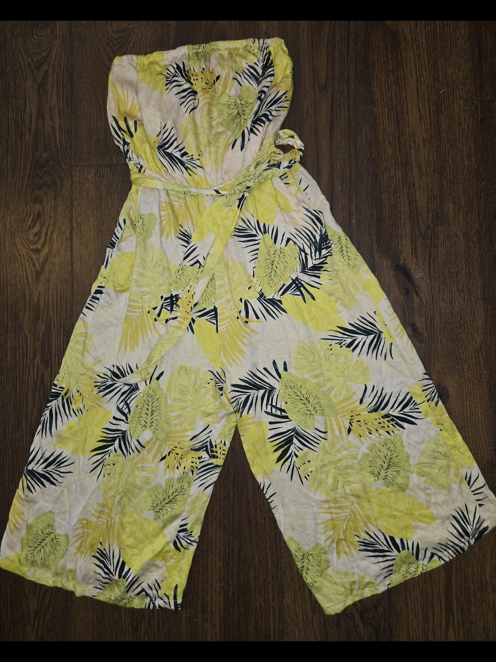 fab'rik Strapless Tropical Print Wide-Leg Jumpsuit Yellow Women's Size M